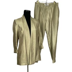 Kasper 2 piece Kristy Slim Fit Pant Suit Slacks Open Front Blazer Gold M…